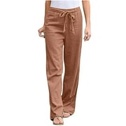 New Year's Deals!Tuscom Women Solid Color Cotton Linen Pants Sashes Straight Casual Long Pants Loose Fit Drawstring Trousers